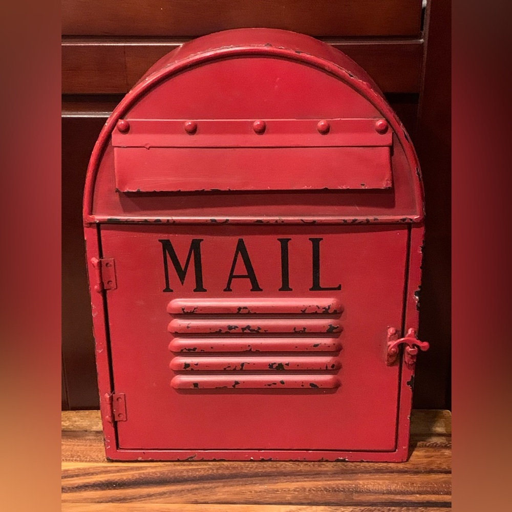 *SOLD* Red Metal Mailbox Farmhouse Wall Or Table Decor Rustic Chic Mail Holder